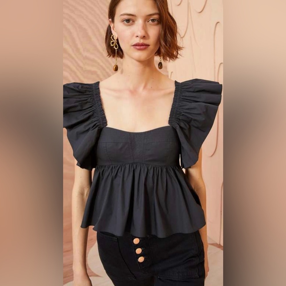 Ulla Johnson Black Heart Neckline Ruffled Top
